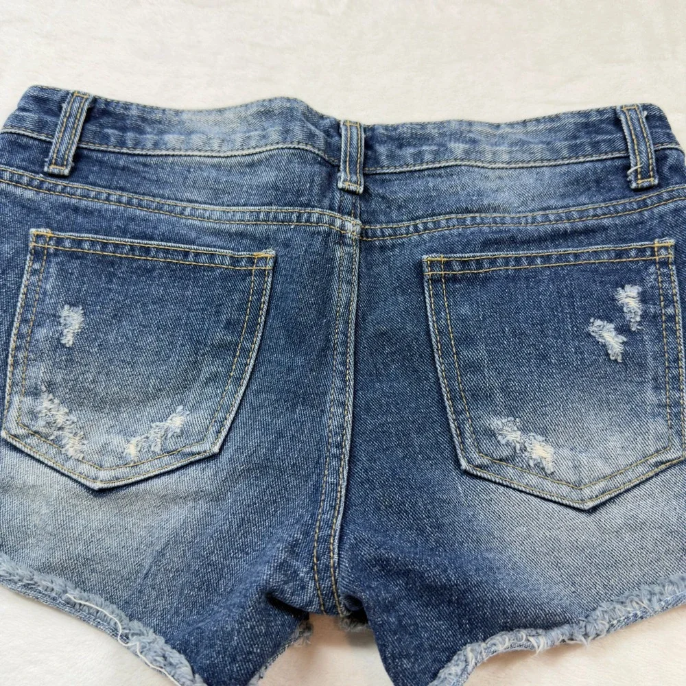 Flyup Distressed Denim Shorts Womens Size M Blue Good Frayed Hem Low Rise Cutoff